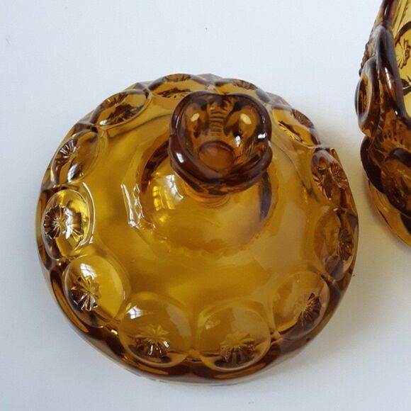 L. E. Smith Moons and Stars Vintage Amber Glass Candy Dish with Lid - Picture 9 of 12